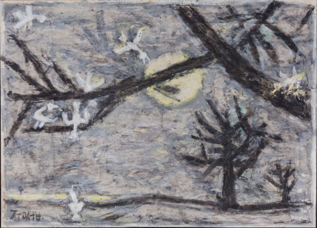 나무와 달과 하얀 새, 1956, 종이에 크레파스, 유채, 14.0 x 19.5, Museum SAN 소장